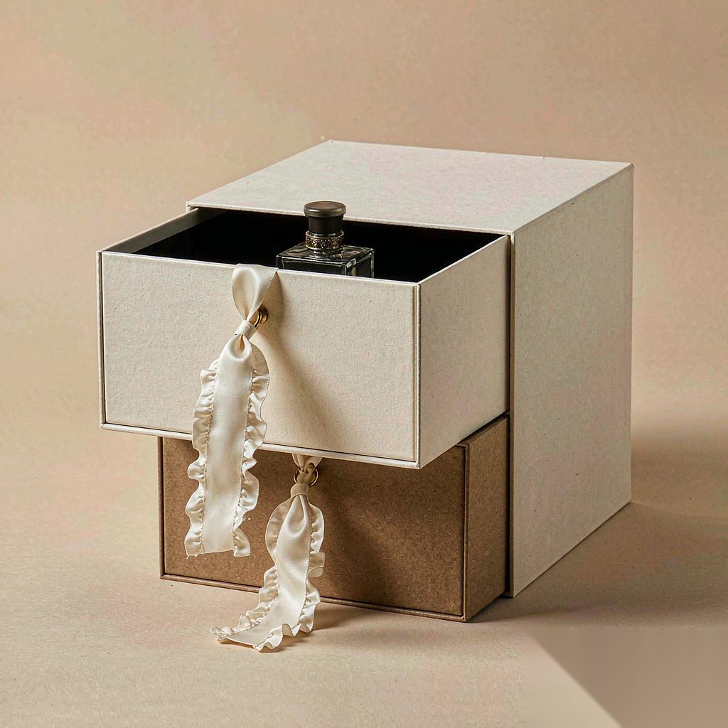 Cream and kraft sliding drawer perfume packaging box