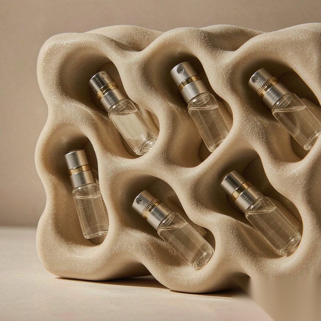 Perfume discovery set gift box with six vials in gold foam insert