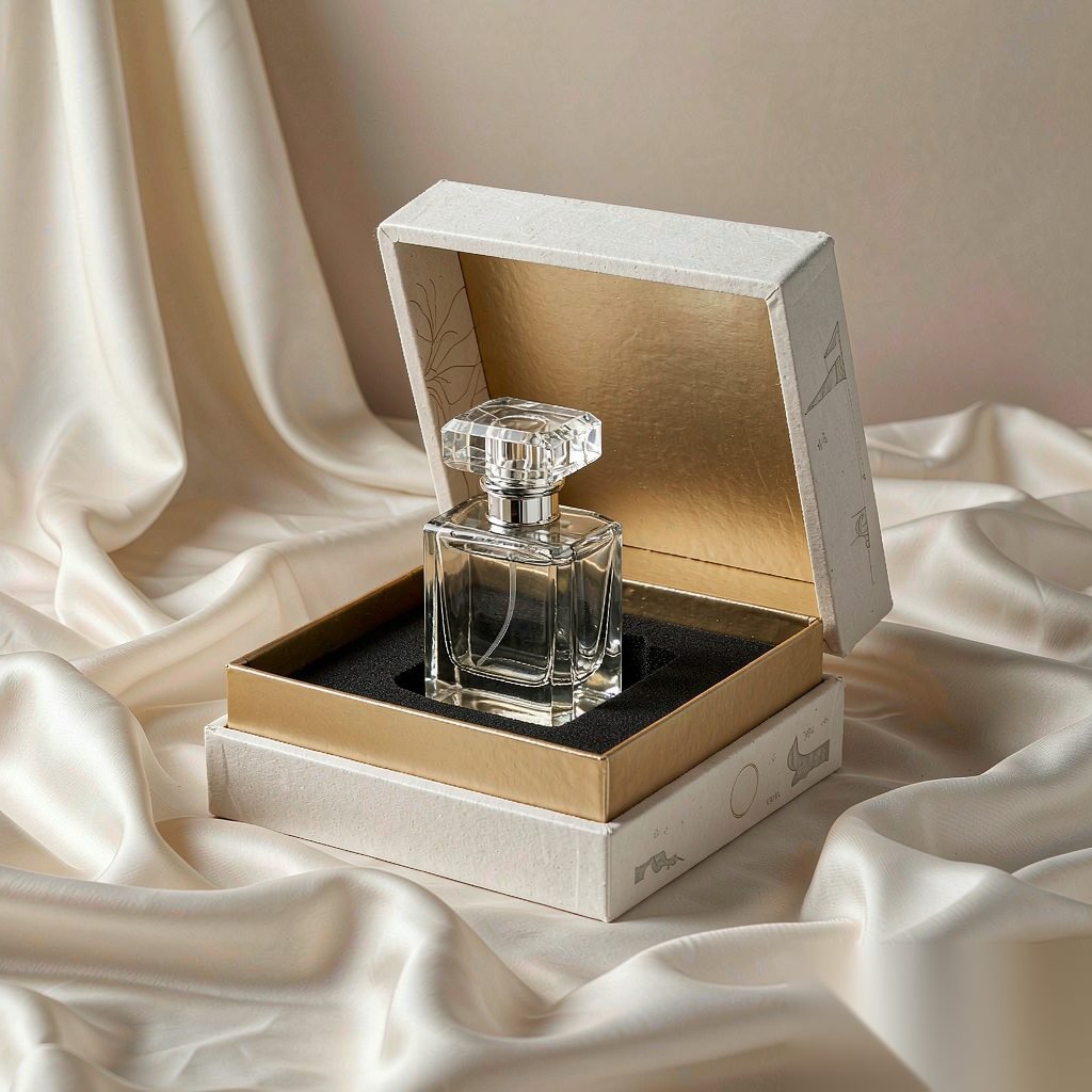 White and gold rigid perfume presentation box with foam insert